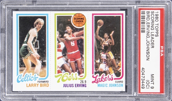 1980 Topps Scoring Leader #139 Magic Johnson & #34 Larry Bird Rookie Card - PSA MINT 9 (OC)